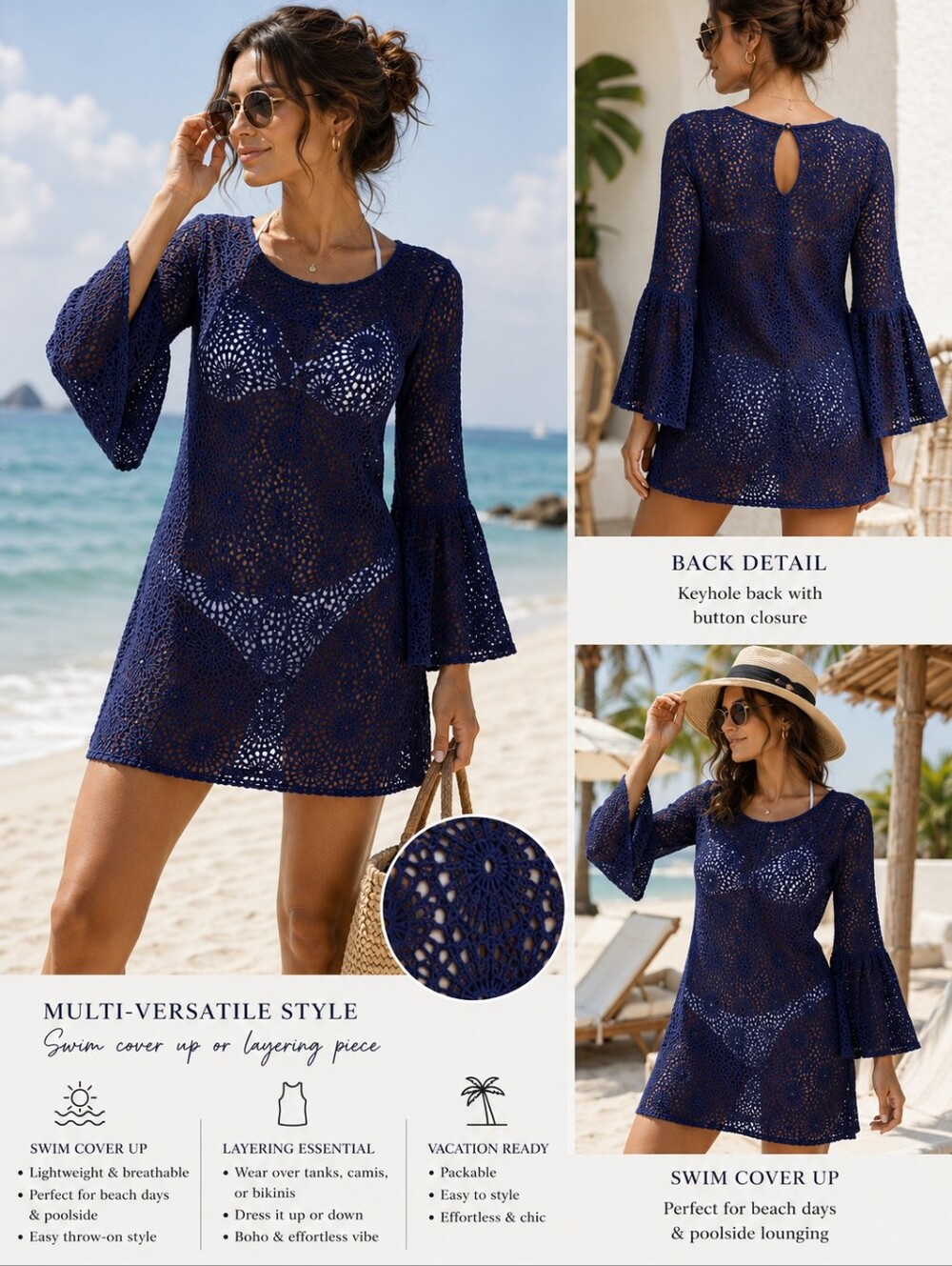 American Eagle Navy Blue Bell Sleeve Lace Swim Cover Up Mini Dress Size XS